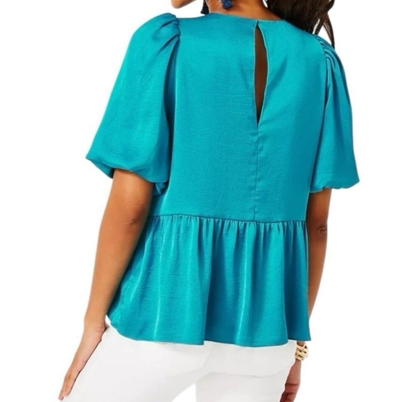Lilly Pulitzer, Blakelynn Blue Rhapsody Puff Sleeve Satin Blouse Top, SZ Small 2 - Picture 12 of 12